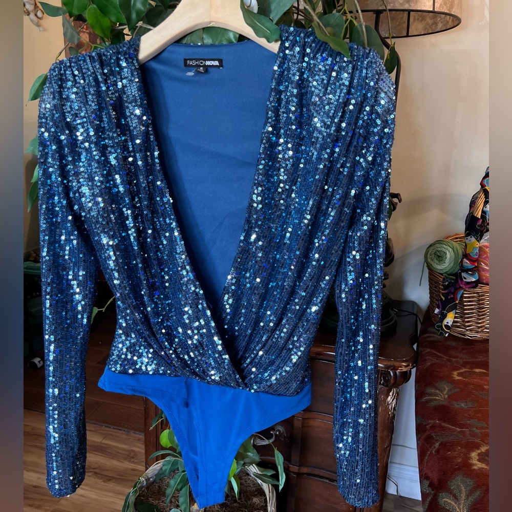 Fashion Nova Glittering Blue Sequin Bodysuit